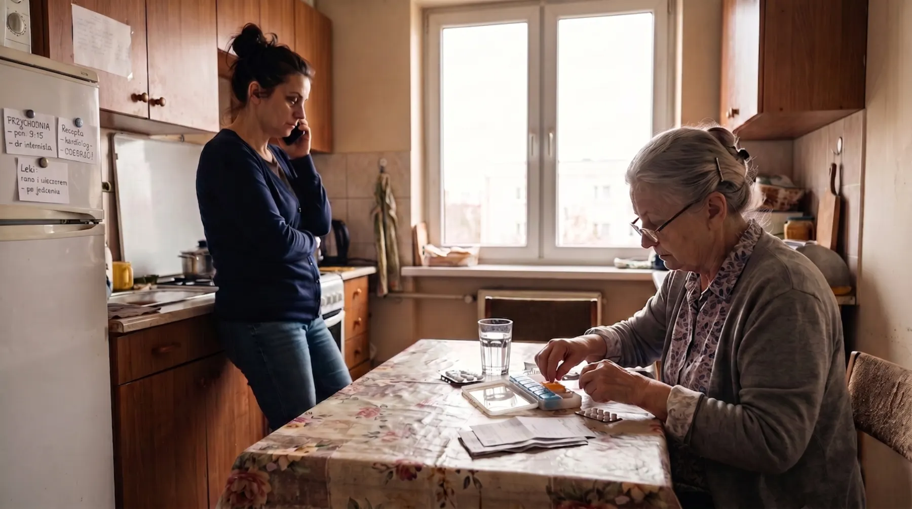 Córka rozmawia przez telefon w kuchni, jej mama porządkuje leki przy stole