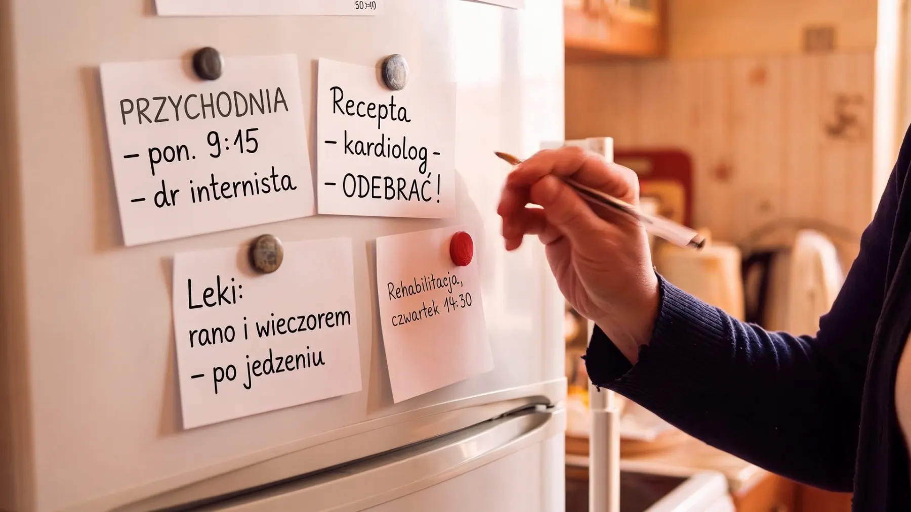 Karteczki na lodówce: wizyta w przychodni, recepta od kardiologa do odebrania, leki rano i wieczorem po jedzeniu, rehabilitacja w czwartek
