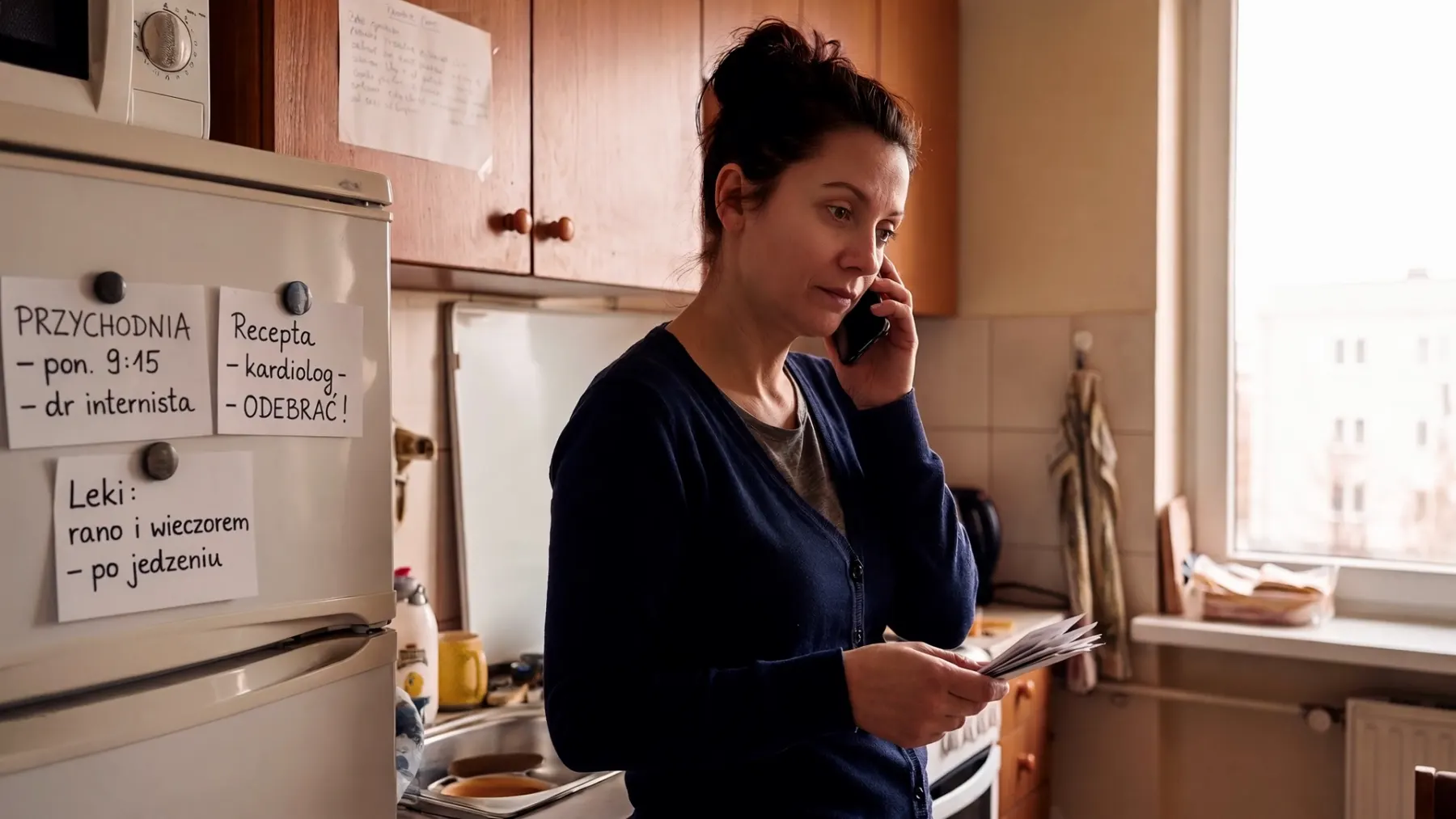 Kobieta w kuchni rozmawia przez telefon, w dłoni trzyma dokumenty