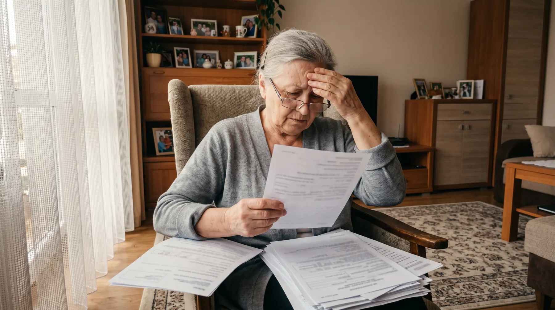 Seniorka w fotelu przegląda stertę pism i dokumentów