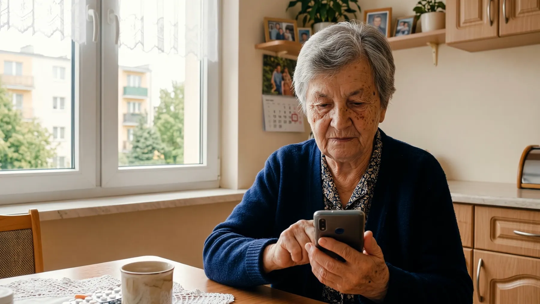 Seniorka przy kuchennym stole korzysta ze smartfona