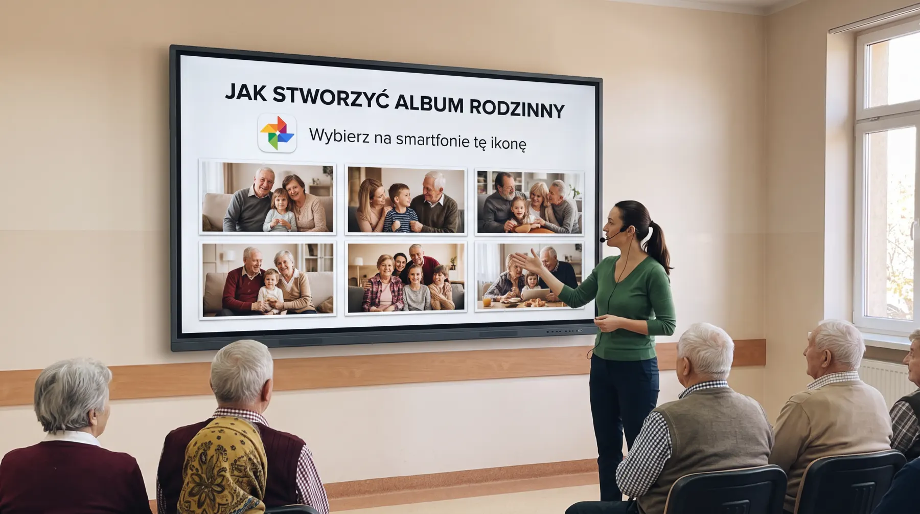 Zajęcia dla seniorów: na ekranie instrukcja tworzenia albumu rodzinnego